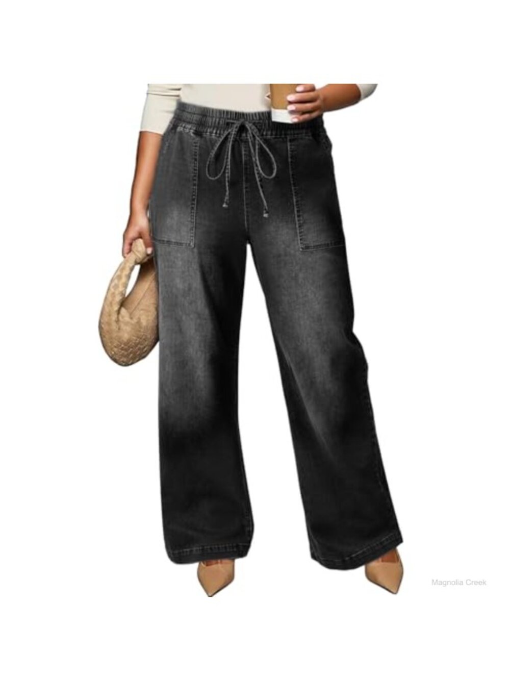 Plus Size High Rise Wide Leg Stretchy Drawstring Jeans